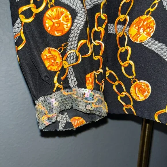 Vintage STARINGTON Sequin & Bead Embellished Chain & Coin Silk Blouse - EUC - 8 - Picture 4 of 16